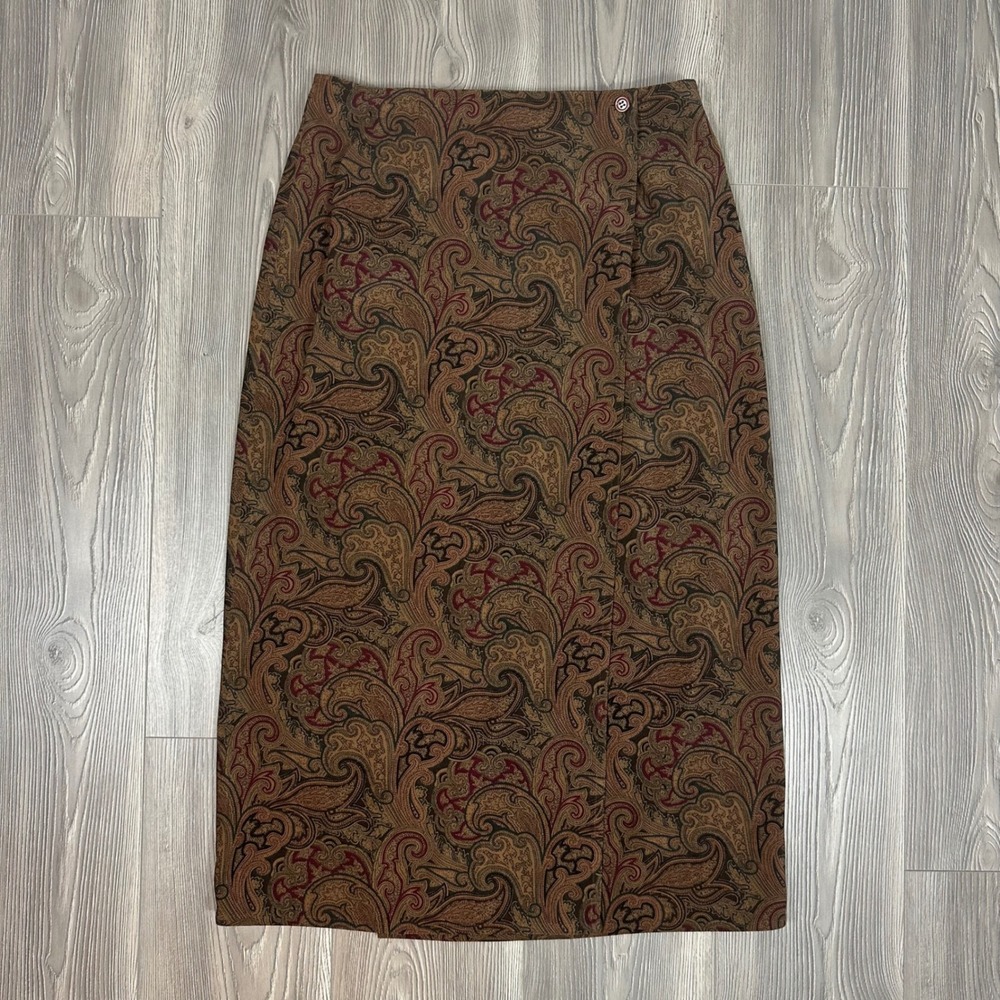 Talbots Brown Paisley Tapestry Print Midi Wrap Skirt Earth Tone Boho Grandmacore